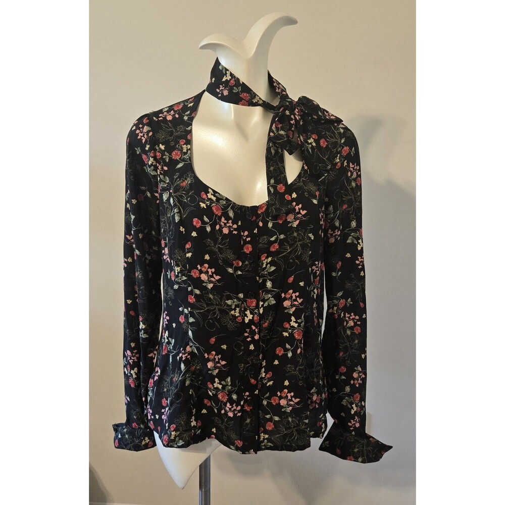 NWOT Unique Vintage Dark Cottagecore Floral Tie Neck Long Sleeve Blouse L 10 12